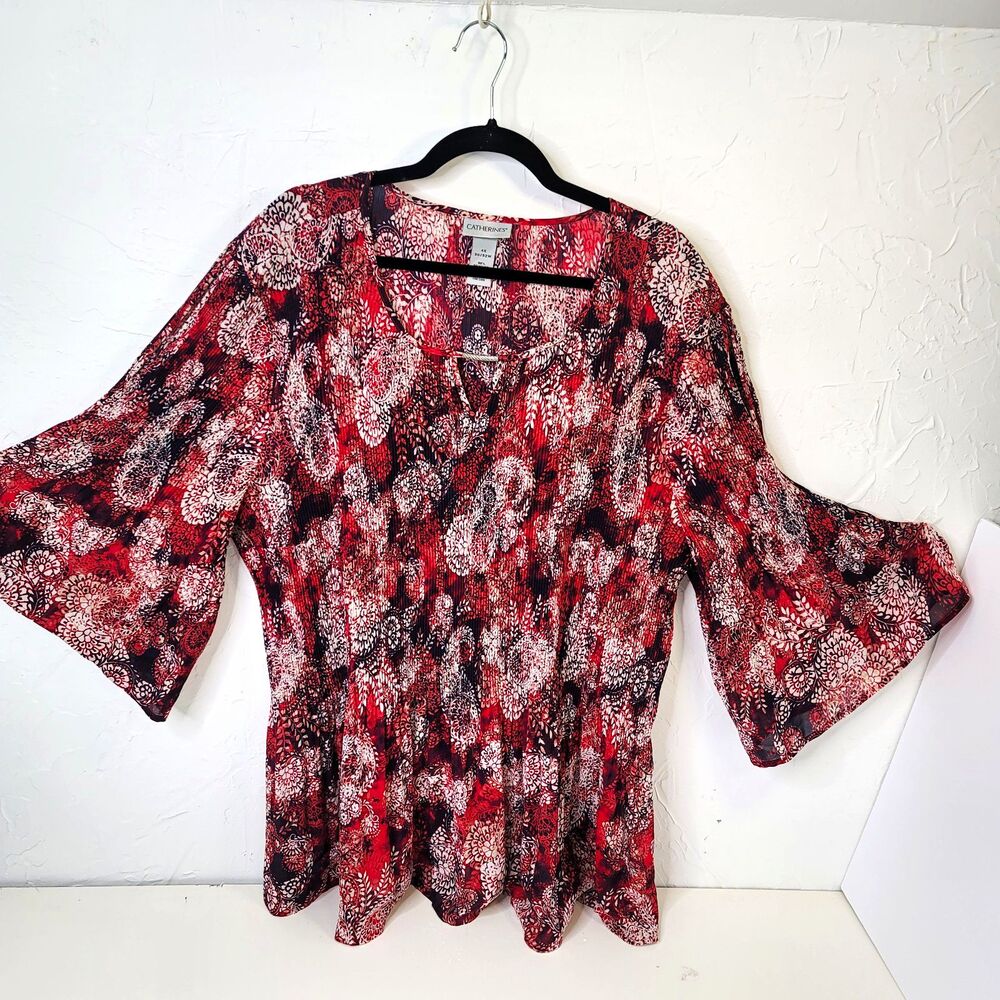 Catherines 4X Plus Floral Pleated Tunic Blouse Scoop Neck 3/4 Bell Split Sleeve